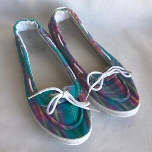 New Edition madras print multi-color plaid sneakers, size 9/10 (L)